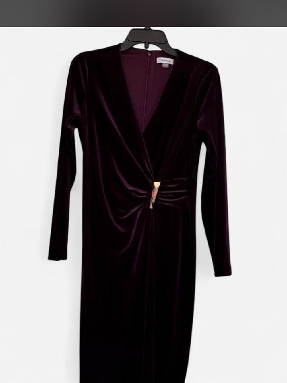 Calvin Klein Deep Plum Velvet Long-Sleeve Wrap Dress with Gold Accent